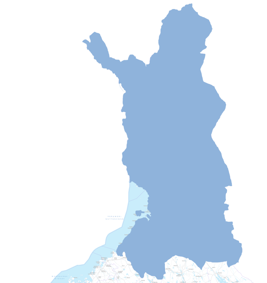 Sinivalkoinen karttakuva Suomesta, jossa Kainuu, Pohjois-Pohjanmaa ja Lappi on rajattu yhdeksi alueeksi.