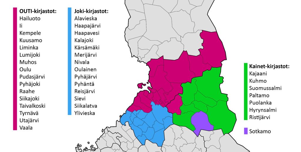 Karttakuvassa rajattu Kainuun ja Pohjois-Pohjanmaan alueen kirjastokimpat ja Sotkamo. Tekstinä listattu OUTI-, Joki- ja Kainet-kirjastot.