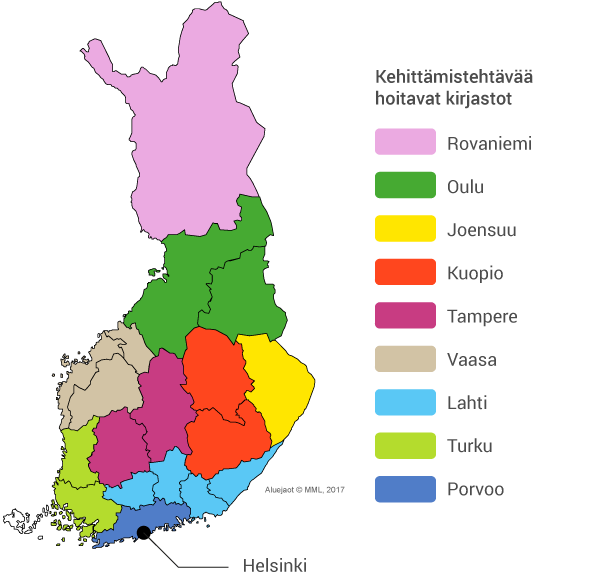 Karttakuva alueellista kehittämistehtävää hoitavista kirjastoista Suomessa.